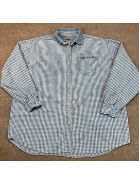 Vintage County Seat Jeanswear Denim Shirt Mens XL Blue Micro Plaid Snap Button